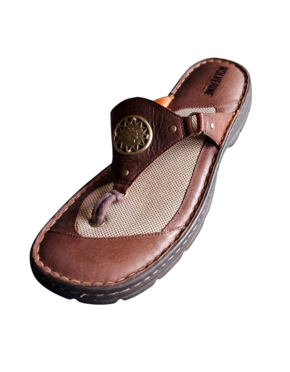 Wolverine Women's Thong Flip Flop Comfort Sandals Brown Leather Medallion Sz 10